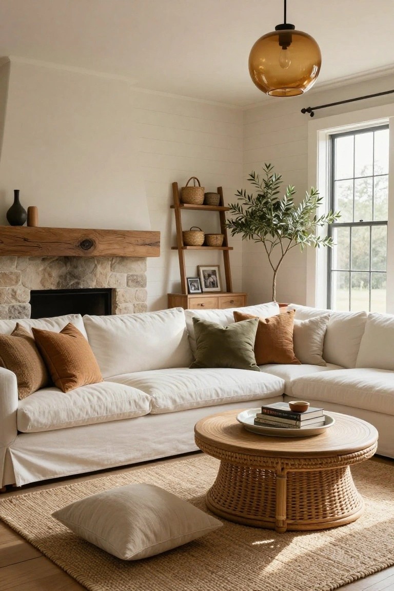 Sunlit living room with white slipcovered L-shaped sofa piled with pillows in beige, rust, and green, woven rattan coffee table on jute rug, stone fireplace with wood mantel, ladder shelf, olive tree, and large windows.