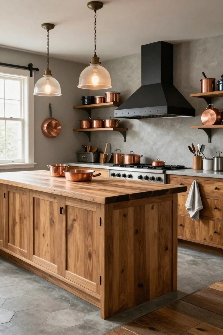 Kitchen with central wooden island and cabinets, copper pots on shelves and stovetop, black range hood, gas range, pendant lights, and gray hexagonal tile floor.