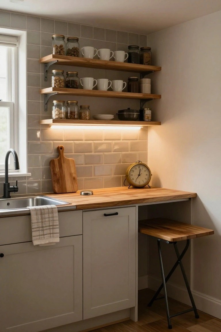Kitchen corner with light gray cabinets, open oak shelves holding glass jars of nuts and spices plus white mugs, wooden countertop and cutting board, beige subway tile backsplash with warm LED strip lighting underneath, stainless sink, gold clock, tea towel, and small fold-out wooden table with black metal stool.