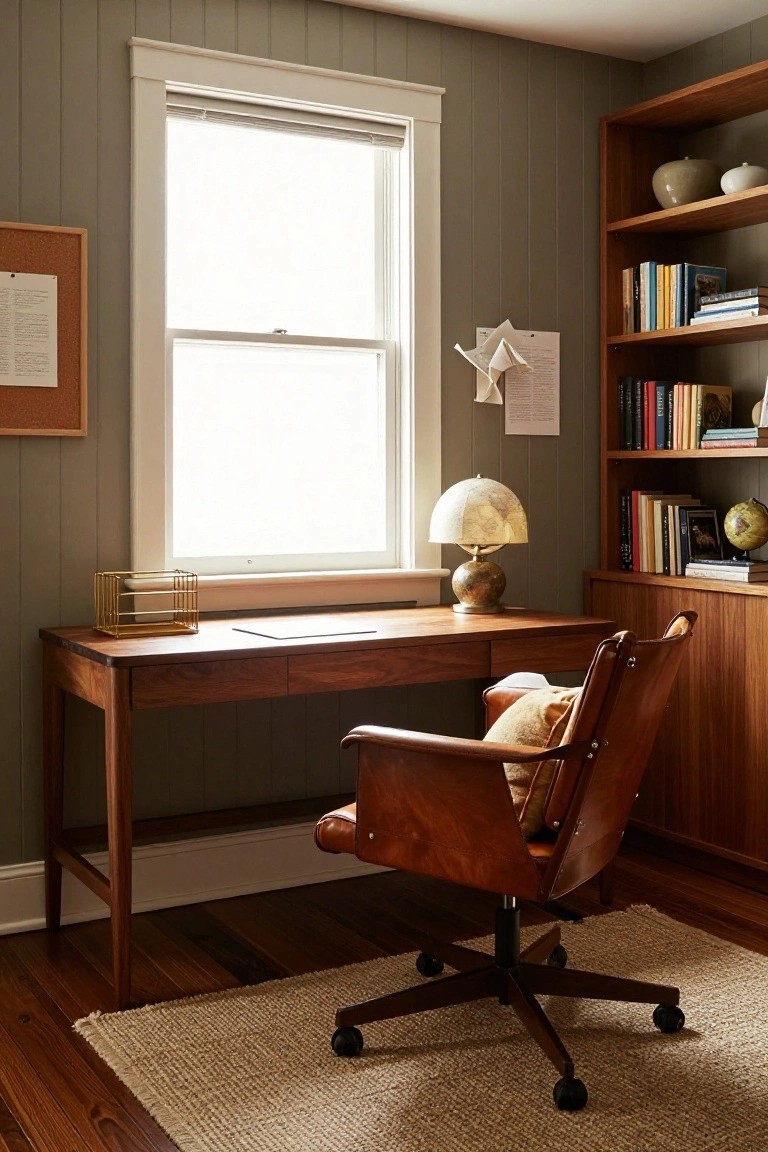 Home office interior with wooden desk, brown leather swivel chair, bookshelves, globe lamp, paper origami, and large window letting in natural light against greige paneled walls.
