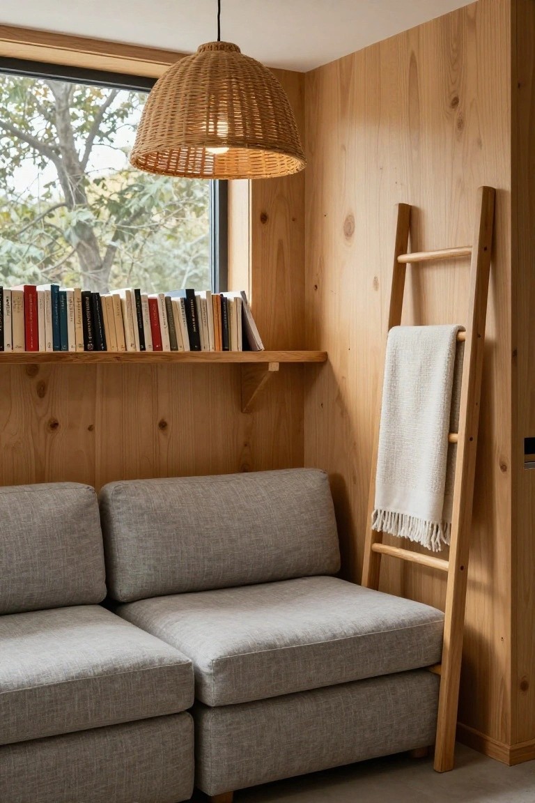 Small interior room with light wood panel walls and ceiling, built-in wooden bookshelf with assorted books, wooden ladder holding a draped white blanket with fringe, low gray fabric sofa, rattan pendant lamp, and large window overlooking trees.