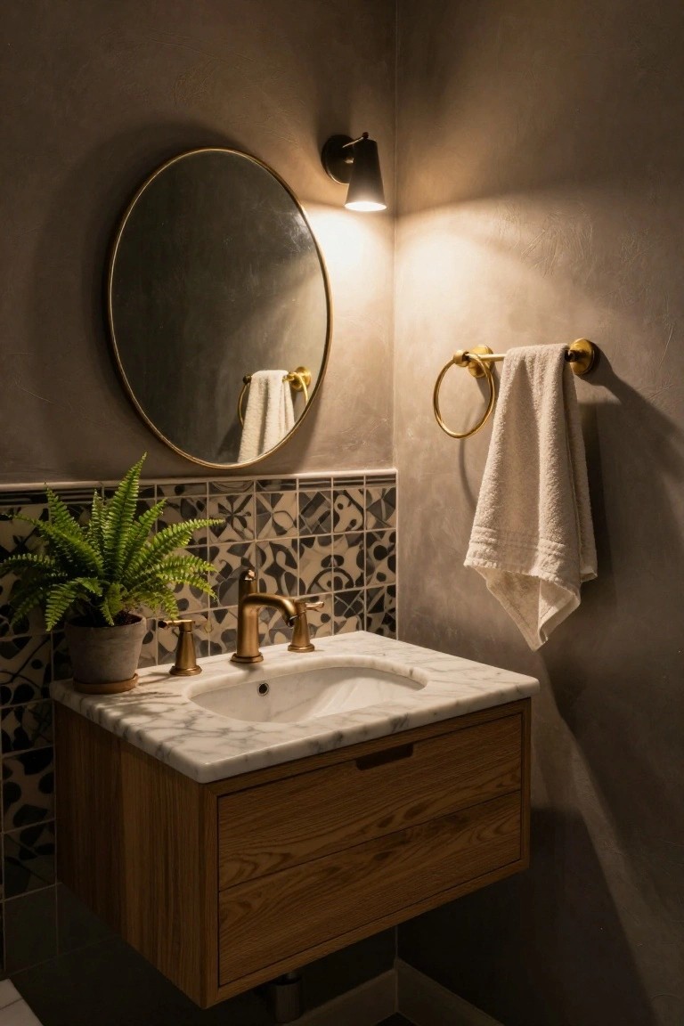 A small bathroom with a floating wooden vanity topped by white marble, brass faucet and handles, round gold-framed mirror, patterned black-and-white tile backsplash, gold towel rings with white towels, potted fern plant, and textured beige walls.