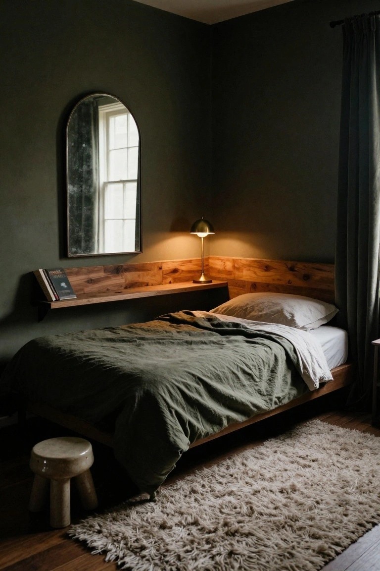 Bedroom corner with dark green walls, wooden bed frame and planked shelf headboard holding books and brass lamp, arched mirror reflecting window, green duvet on bed, white stool, and shag rug on wood floor.