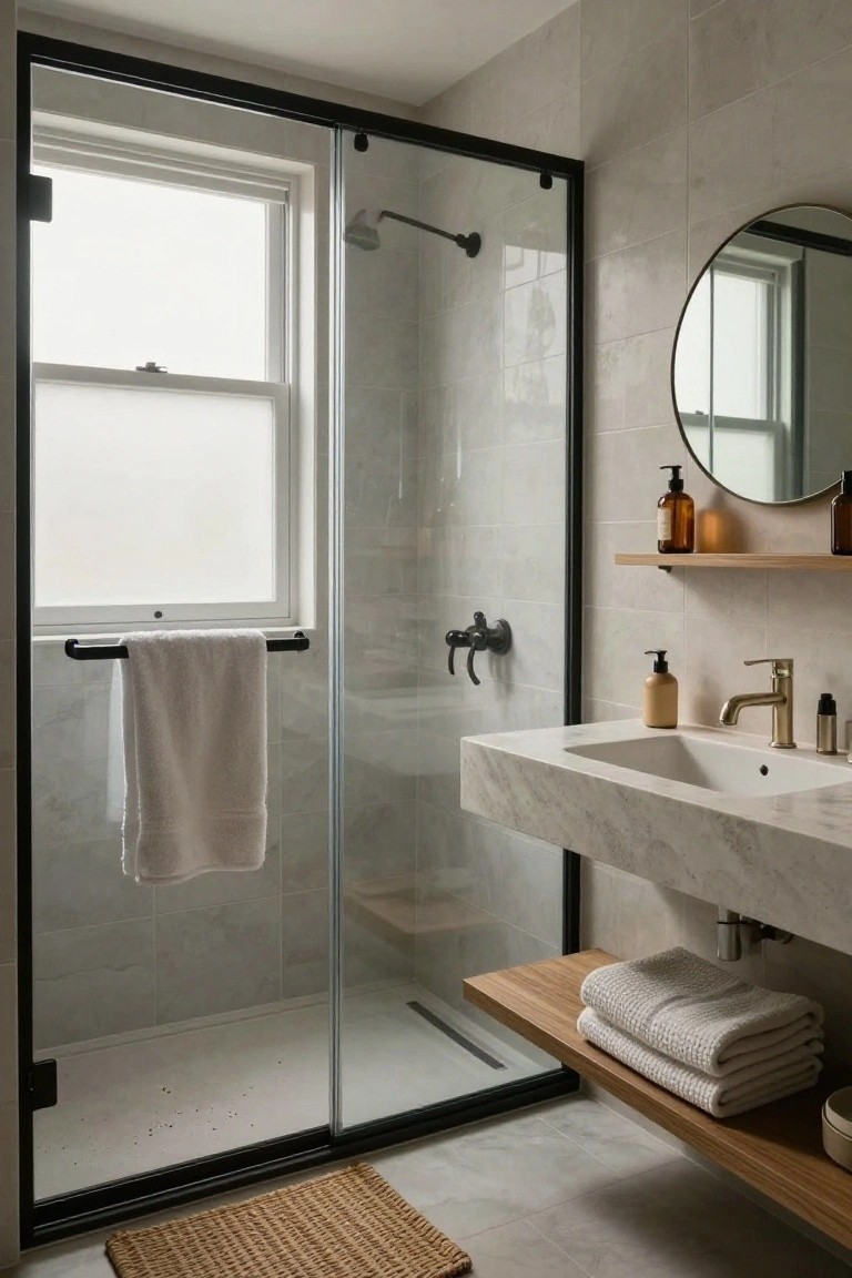 Modern bathroom with black metal-framed glass shower enclosure containing a window and showerhead, white marble floating sink with gold faucet, wooden floating shelf holding stacked white towels below the sink, upper wood shelf with amber bottles, round gold mirror, and beige tile walls.