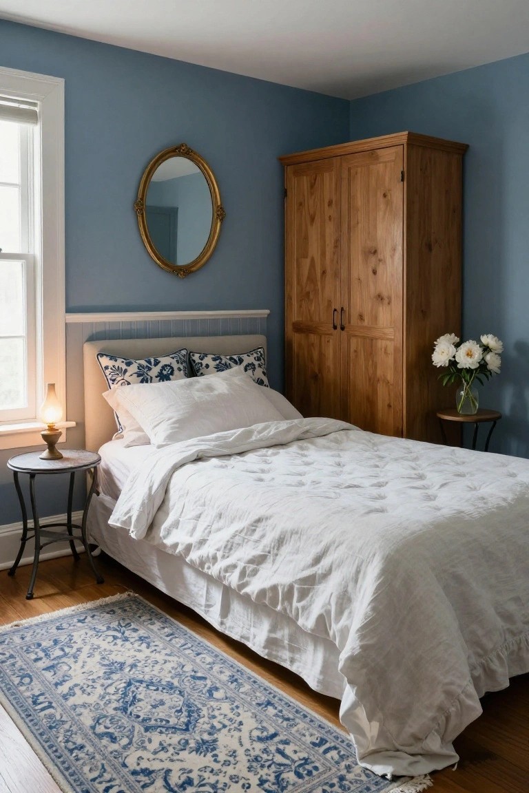 Bedroom interior with light blue walls, white linen bed with blue pillows, wooden wardrobe, gold-framed oval mirror, metal side table with lamp and white peonies in glass vase, and blue patterned rug on wood floor.