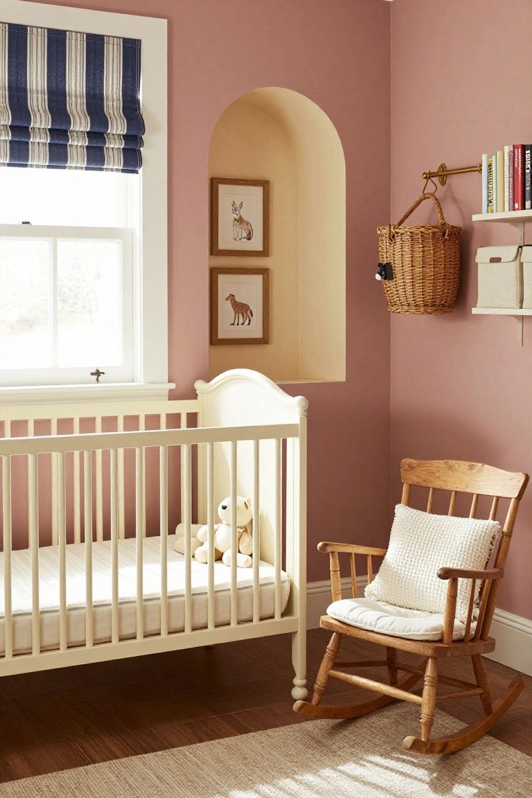 A nursery with blush pink walls, white wooden crib holding stuffed animals, wooden rocking chair with white cushions, arched niche shelf with books and basket, and blue-striped window shade.