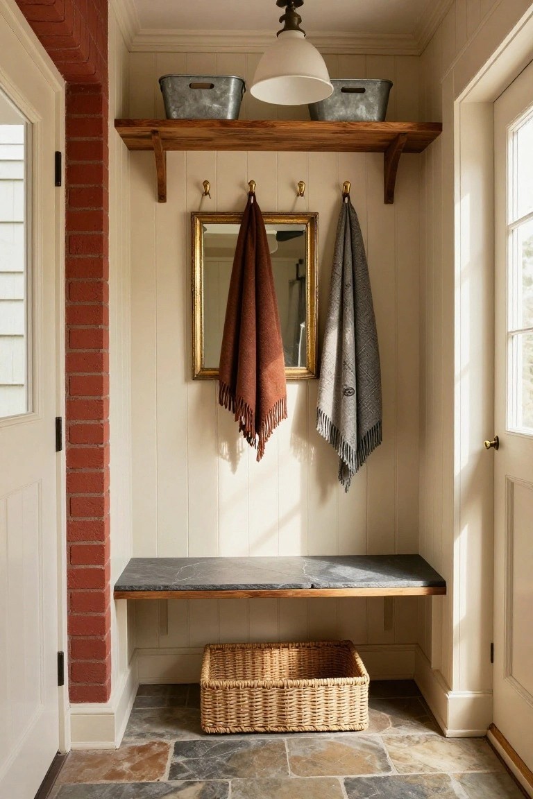 Mudroom interior with red brick accent wall on left, cream vertical paneled walls, wooden wall shelf holding two metal buckets, brass hooks with rust and gray towels, gold-framed mirror between hooks, black slate bench with wood frame and wicker basket underneath, slate tile floor, and white doors on both ends.