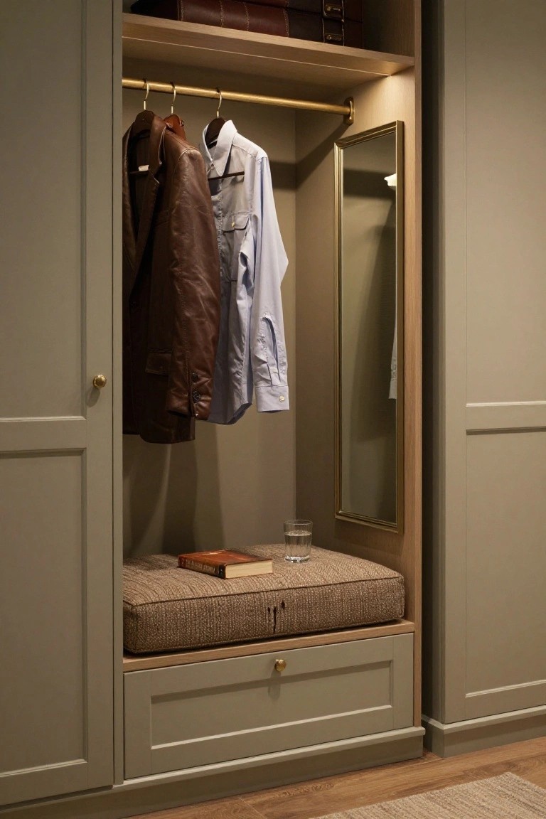 Open wardrobe with brown leather jacket and light blue shirt hanging on gold rail, gold-framed mirror on right door, cushioned beige bench with orange book and glass of water, and brass-handled drawer below, all in light gray-green cabinetry.