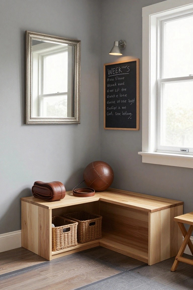 L-shaped wooden bench with open storage cubbies containing wicker baskets, a leather bag and strap, and a brown leather basketball on top, positioned in a room corner beside a window, with a mirror, chalkboard, and stool nearby on gray walls.
