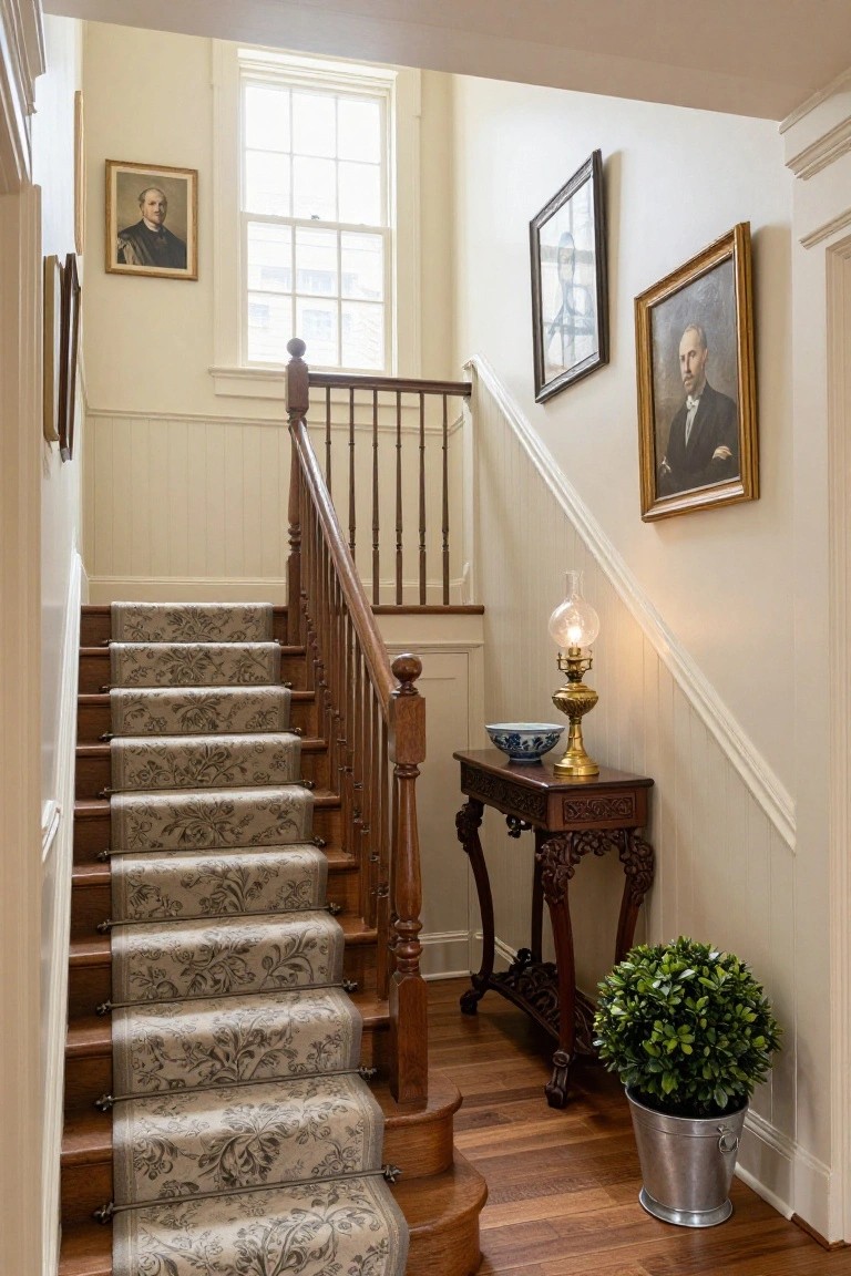 Wooden staircase with light grayish-beige patterned carpet runner in a cream-walled interior hallway, featuring portraits, a carved wood side table with brass lamp and blue bowl, and a potted plant.