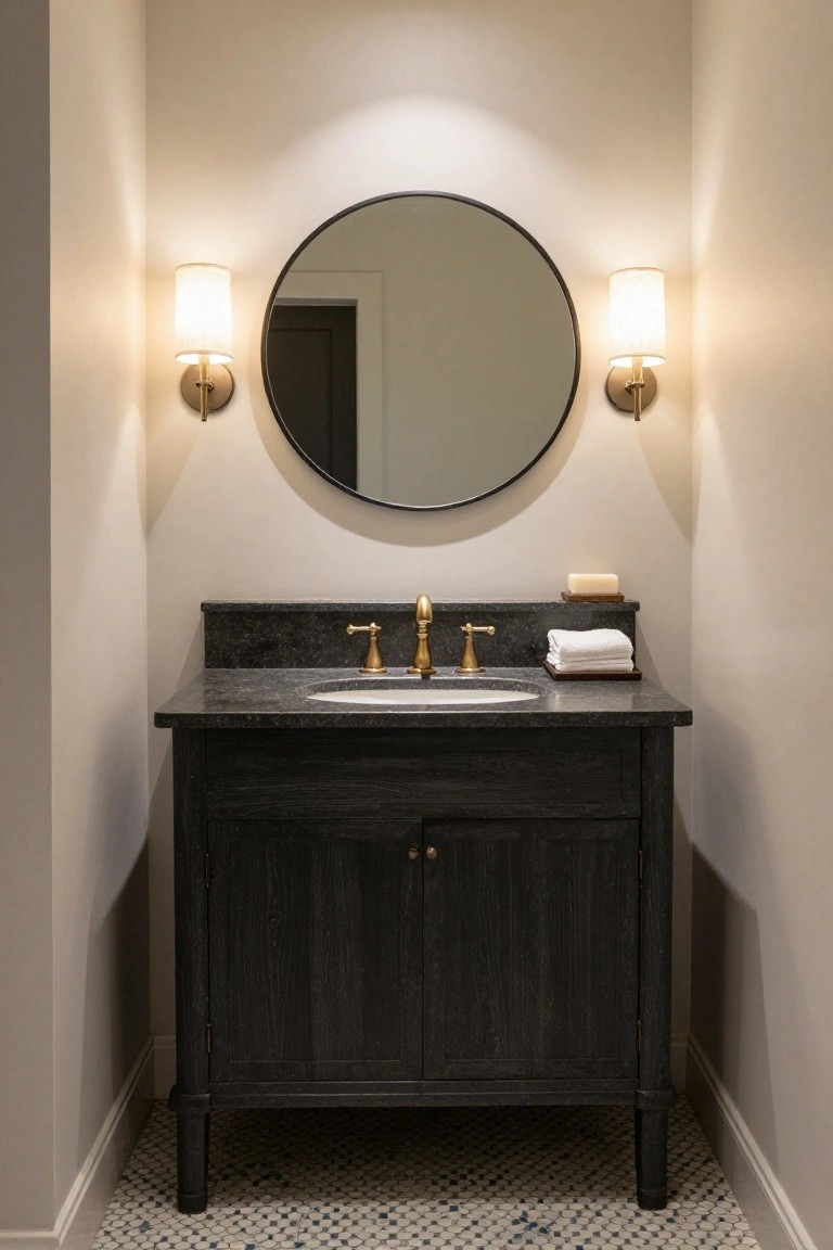 Small powder room with dark wood vanity cabinet, black granite countertop, oval white sink, gold faucet, round black-framed mirror above, beige walls, wall sconces, and blue-gray patterned tile floor.