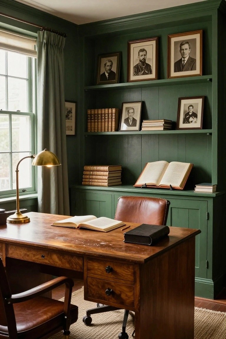 A traditional home study with deep green paneled walls and built-in bookshelves holding leather-bound books and vintage portraits, a wooden desk with open books and a brass lamp, and a brown leather desk chair on a rug next to a window with cream curtains.