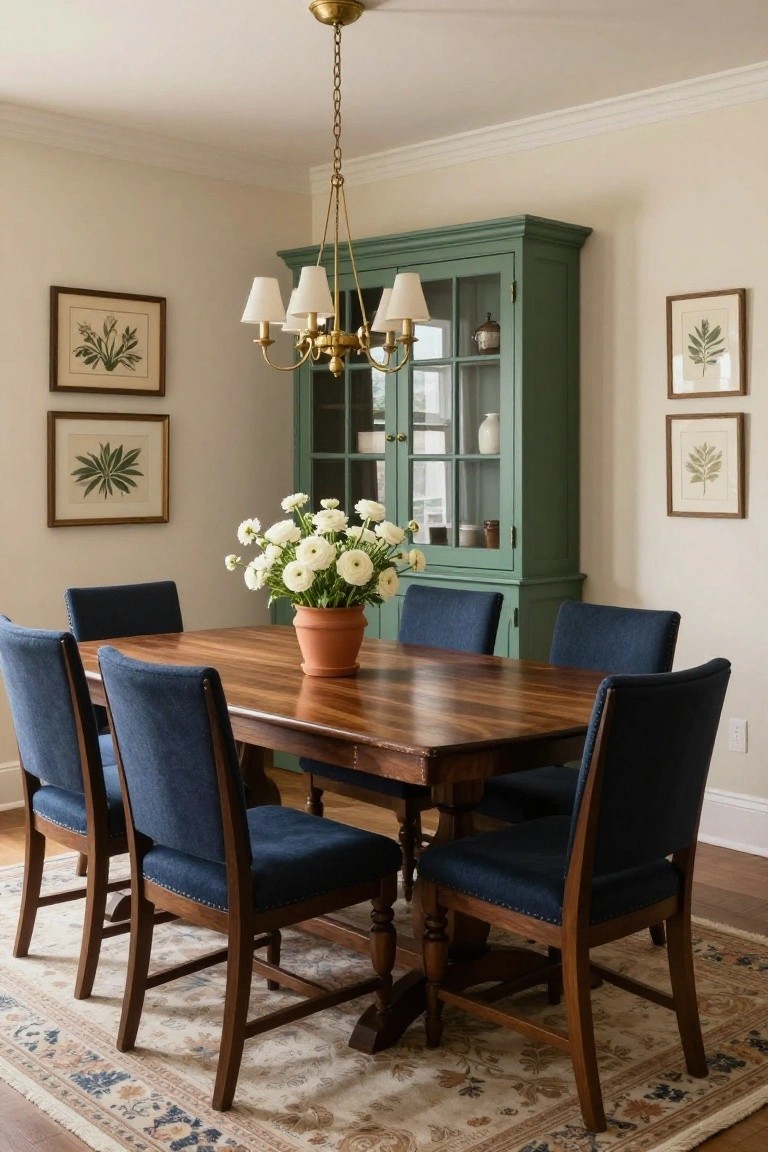 Dining room with rectangular wooden table, six navy upholstered chairs, green glass-front cabinet on wall, white flowers in terracotta pot on table, brass chandelier, botanical prints, and cream walls.