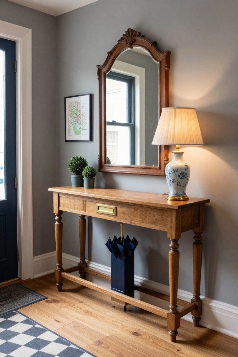 Gray entryway hallway with oak console table holding two potted topiary plants, brass drawer pull, blue and white porcelain lamp and vase, ornate wood mirror above, umbrella stand underneath, navy front door, and checkered rug on oak floors.