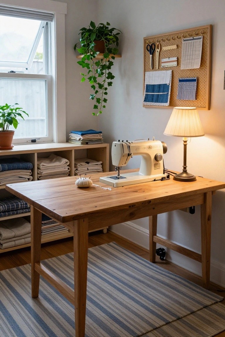 Indoor sewing room with light wooden table holding white sewing machine and pincushion, open shelves filled with folded blue and white fabrics and linens, potted plants, corkboard with scissors and tools, lamp, and window.