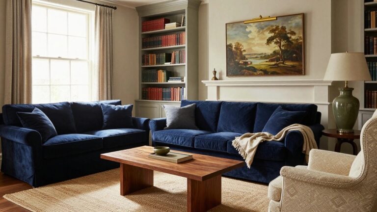 A traditional living room with navy blue velvet sofa, cream patterned armchair, wood coffee table with books, built-in bookshelves, green vase on side table, fireplace, and large windows with cream drapes.