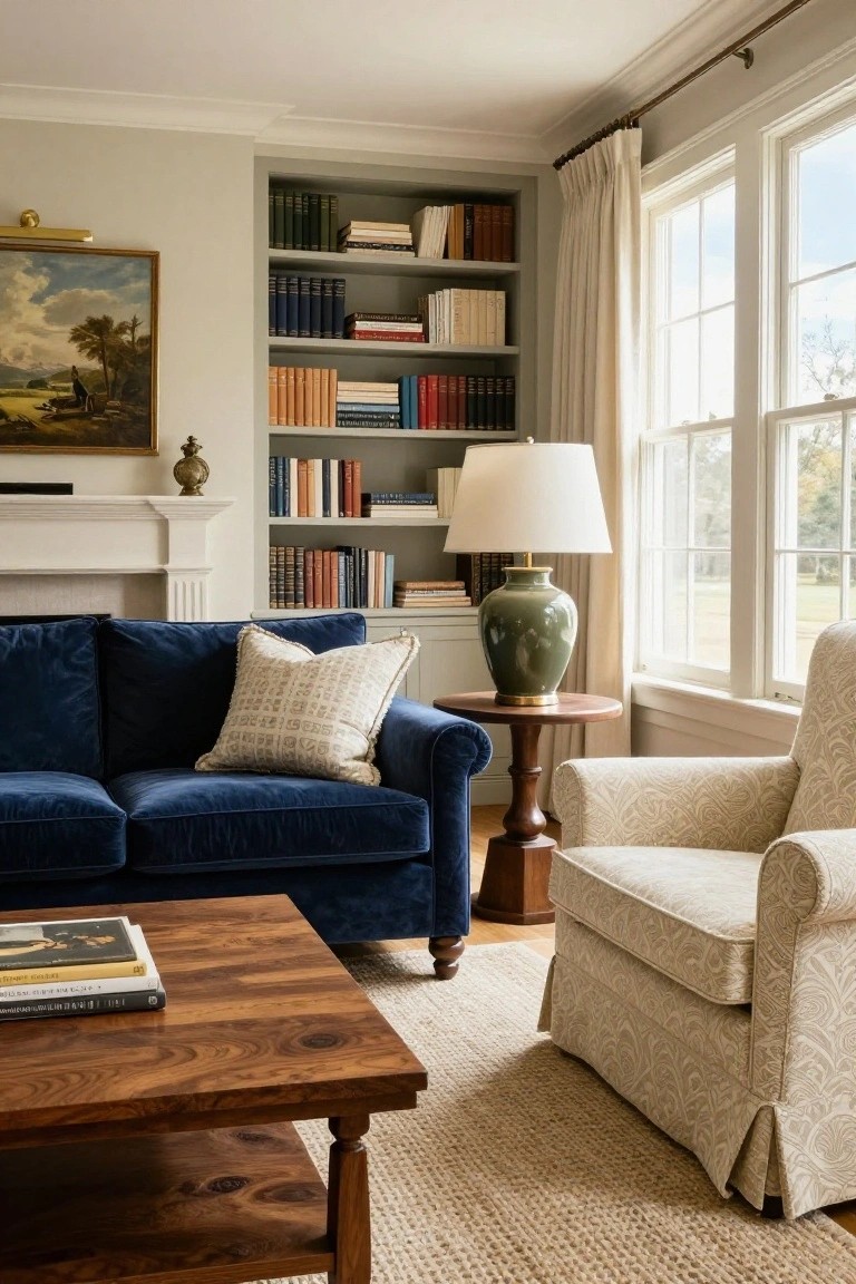 A traditional living room with navy blue velvet sofa, cream patterned armchair, wood coffee table with books, built-in bookshelves, green vase on side table, fireplace, and large windows with cream drapes.