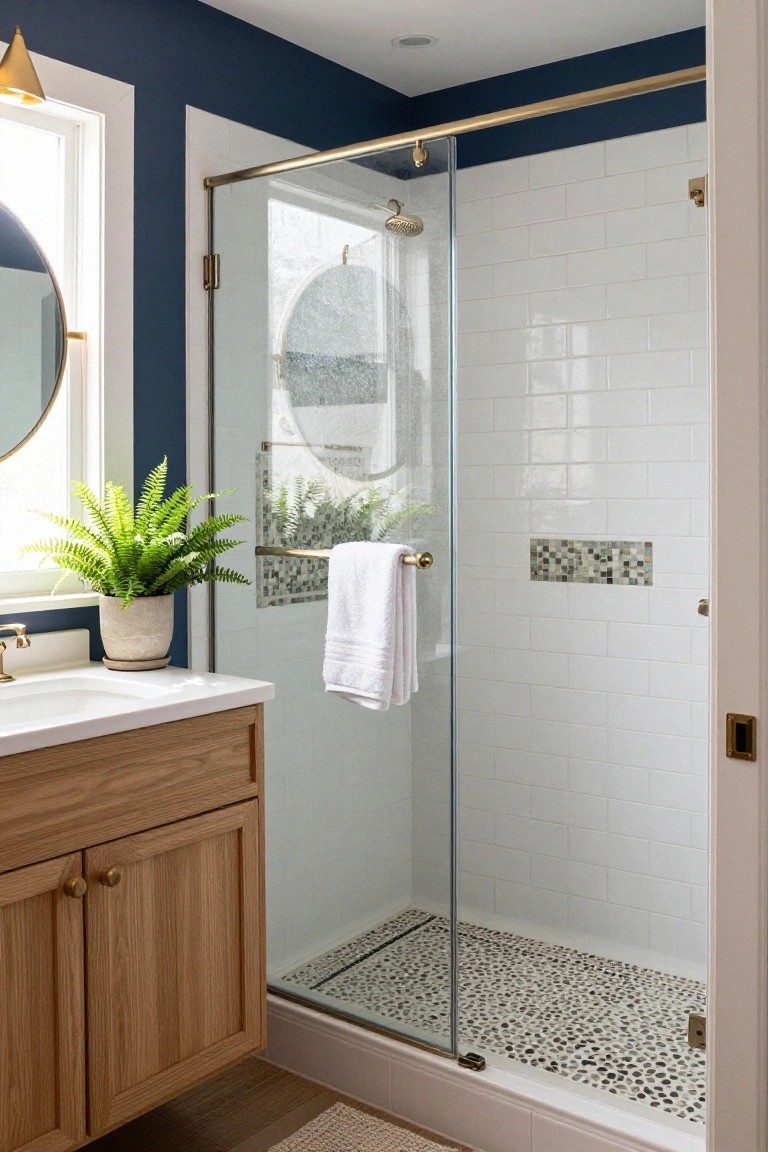 Bathroom with navy blue upper walls, glass shower enclosure featuring white subway tile walls and pebble shower floor, oak vanity with round mirror, potted fern plant, and brass hardware.