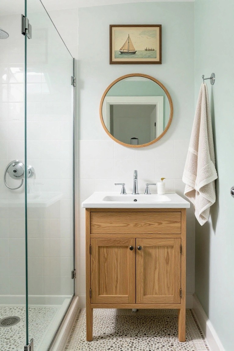 A small bathroom with pale mint green walls, oak vanity under a white sink, round wood-framed mirror, glass shower enclosure with white subway tiles, and a beige towel on a hook.