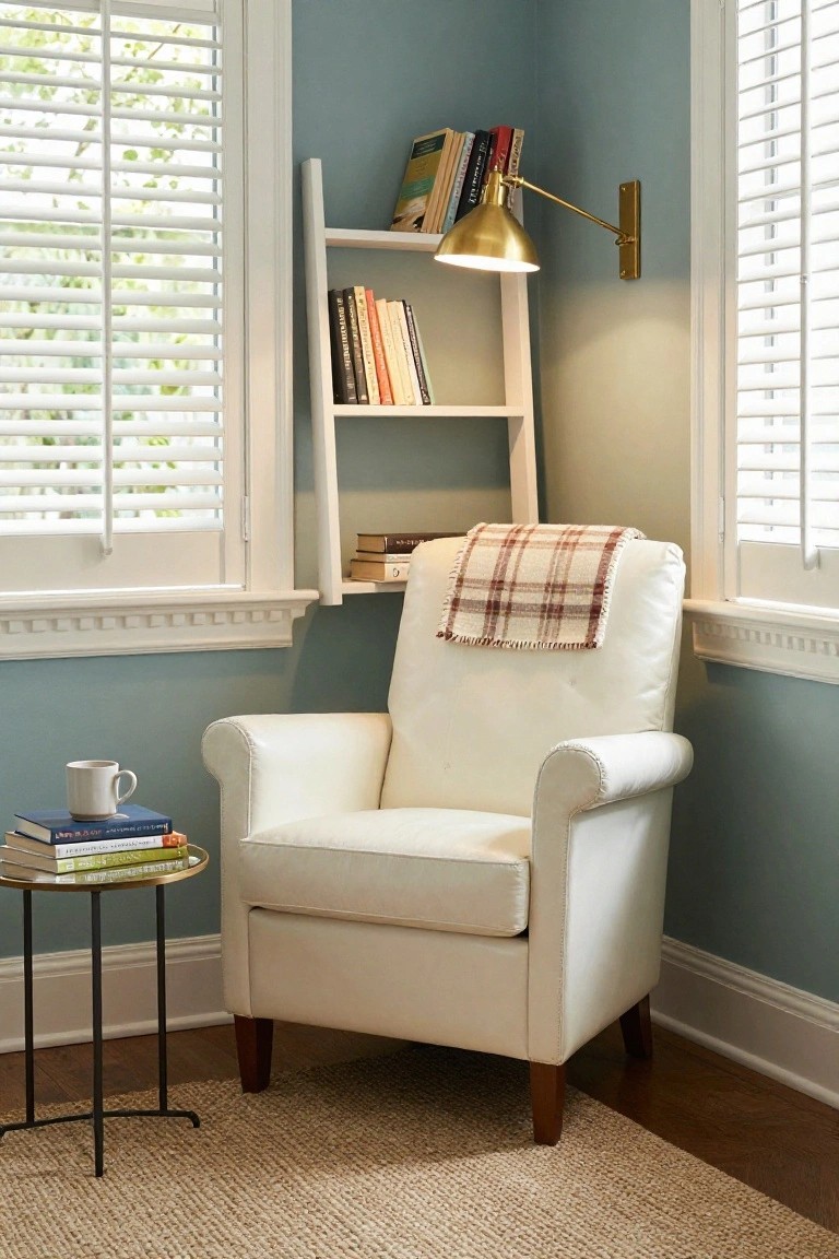 Corner of a living room with pale teal walls, white leather armchair draped in a plaid throw, black metal side table with stacked books and a white mug, white ladder shelf holding books, gold wall lamp, and two large windows with white plantation shutters.