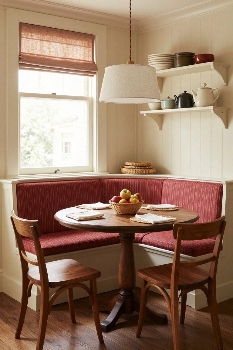 Kitchen corner booth with red striped upholstery around a round wooden pedestal table, flanked by wooden chairs, with creamy paneled walls, open shelves holding pottery and teapots, and a window letting in natural light.