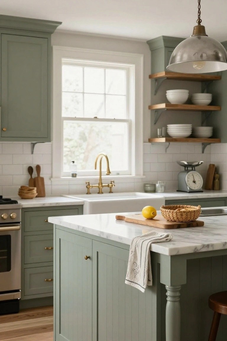 Traditional kitchen featuring sage green cabinets, white subway tile backsplash, brass faucet over farmhouse sink, marble island countertop with wooden cutting board, and open wooden shelving with white dishes.