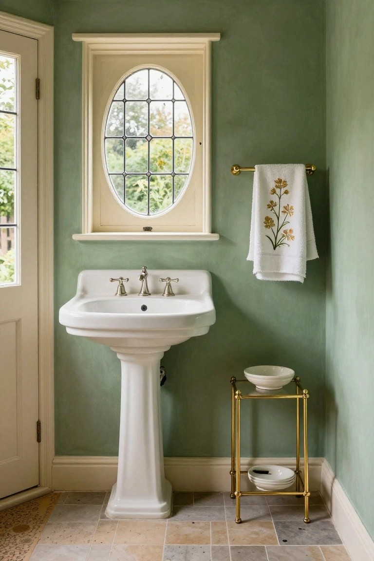 Corner of a sage green bathroom with white pedestal sink on a pedestal base, gold faucets, gold towel bar holding a white towel with gold embroidery, gold etagere table with white bowls, oval leaded glass window showing trees outside, and white door.