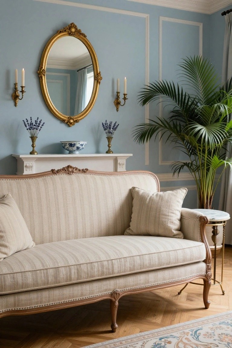 Pale blue paneled living room with gold oval mirror above white fireplace mantel holding blue and white bowl and lavender sprigs flanked by brass candelabras, cream striped sofa with pillows, tall palm plant, marble side table, and parquet floor with oriental rug.