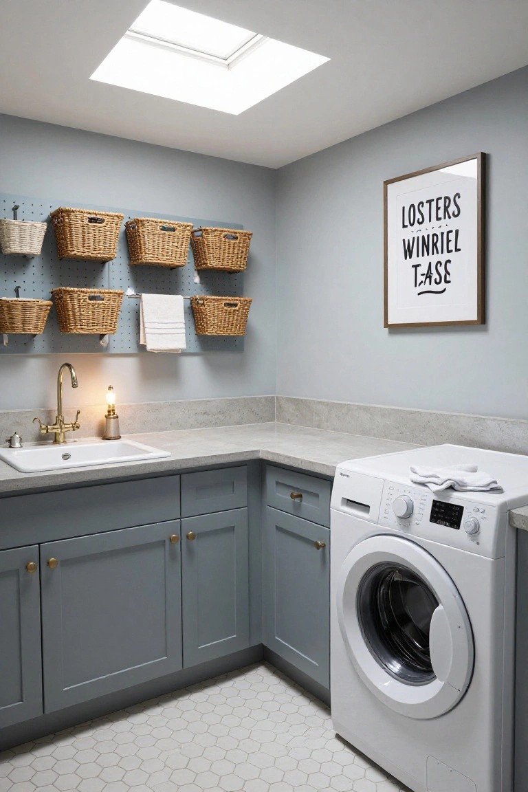 Corner laundry room with light blue-gray walls and cabinets, white front-load washer, porcelain sink with brass faucet and gooseneck tap, multiple wicker baskets on pegboard wall, hexagonal white floor tiles, and skylight overhead.