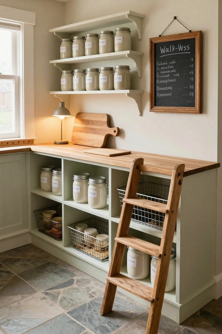 Corner built-in pantry in pale green with open wood shelves holding white mason jars, a leaning wooden ladder, wooden countertop, cutting board, lamp, and chalkboard menu on the wall.