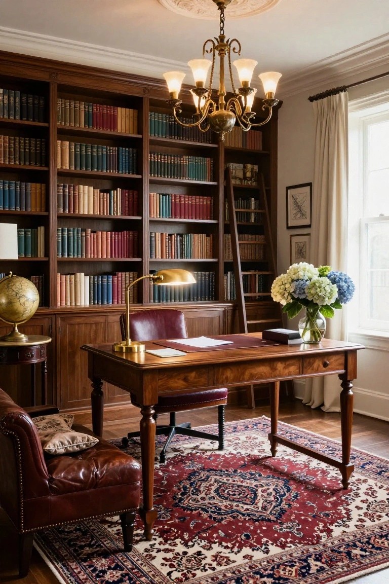 Traditional interior of a library room with dark wood floor-to-ceiling bookshelves, wooden desk and chair, leather armchair, brass lamp, globe, chandelier, blue hydrangeas, and red patterned rug.