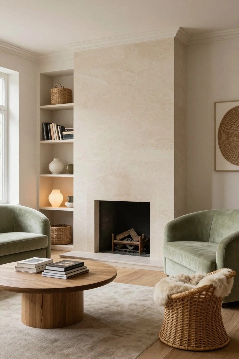 A living room with a tall light beige stone fireplace wall featuring built-in wooden shelves stocked with books, ceramics, and baskets, two curved green velvet armchairs, a round wooden coffee table with stacked books, wicker elements, and a sheepskin pouf on a light rug.