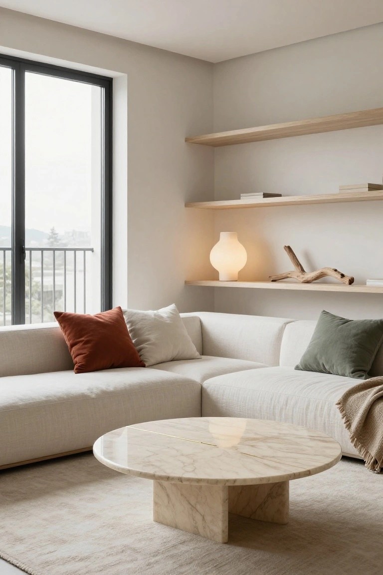 Modern living room with white L-shaped sofa, round low marble coffee table, oak floating shelves holding books and decor, beige lamp, large window with balcony view, and neutral area rug.