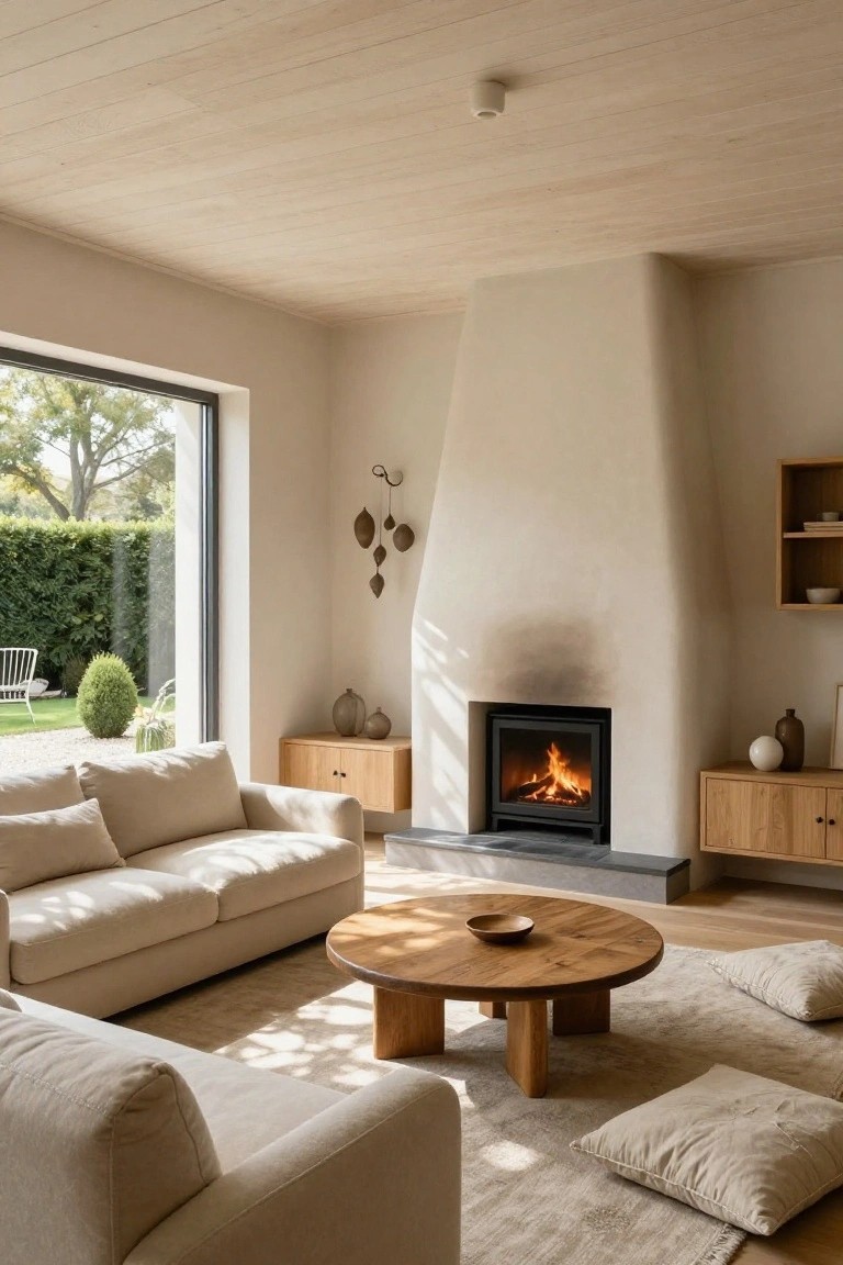 Light beige living room with curved smooth plaster wall enclosing a burning wood stove fireplace, cream L-shaped sofa, round oak coffee table, floor cushions, wooden floating shelves with ceramics, large window showing garden view, and plank wood ceiling.
