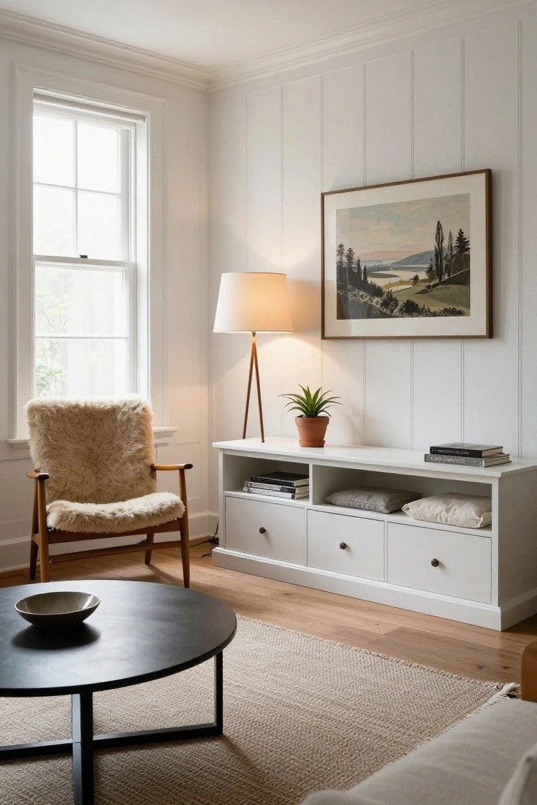 Bright living room corner with white vertical paneled walls, large window, sheepskin-covered wooden armchair, white media console with drawers and open shelves holding books and pillows, black metal coffee table with ceramic bowl, seagrass rug, tripod floor lamp, potted plant, and framed landscape painting.