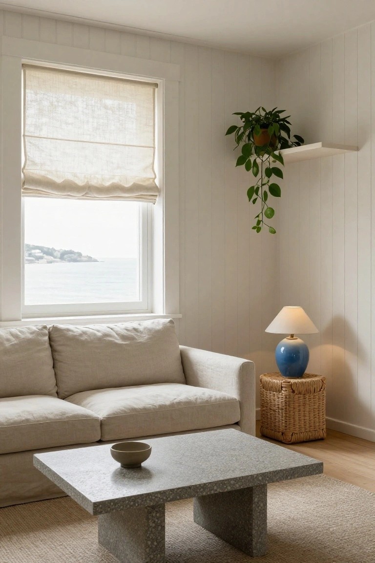Living room corner with beige linen sofa, gray concrete coffee table holding a small bowl, blue ceramic lamp on rattan basket stool, partially drawn beige linen roman shade on white-framed window showing ocean view, white shiplap walls, hanging potted plant on shelf, light wood floor with beige rug.
