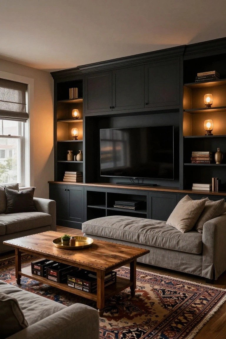 A living room with dark built-in cabinets and shelving surrounding a large wall-mounted TV, gray sofas, wooden coffee table, and patterned rug on hardwood floors.