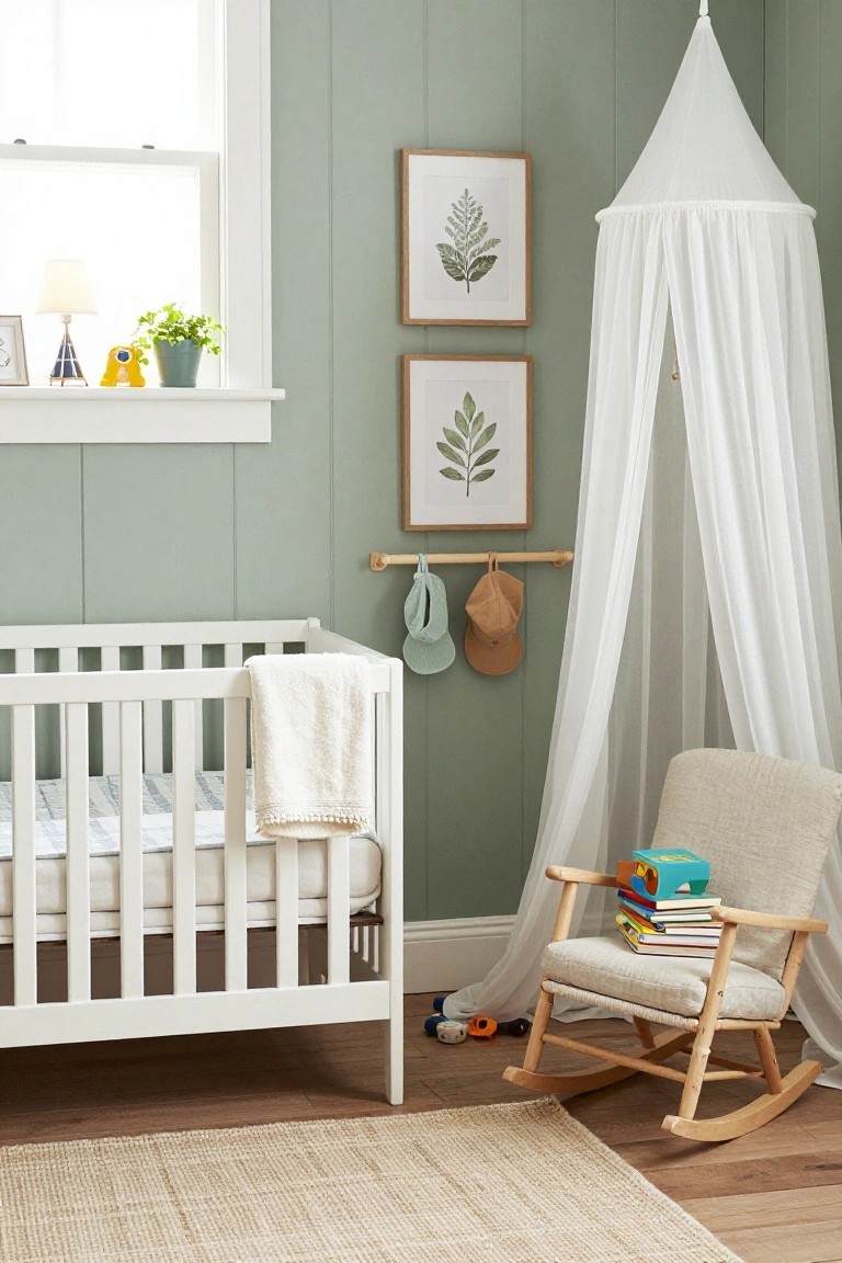 Pale green paneled walls in a nursery with a white crib under a sheer white canopy, a beige rocking chair holding books, hanging hats on a wall hook, botanical prints, a potted plant, and toys on the wood floor.