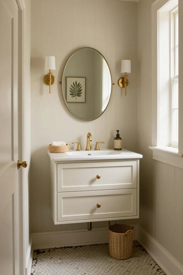 Small powder room with cream shiplap walls, floating white vanity with brass faucet and knobs, arched gold mirror, gold sconces, woven baskets, and black and white hex tile floor.