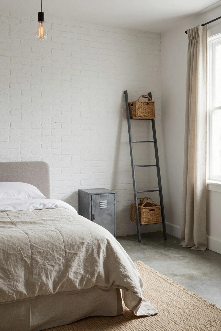 A bedroom with a gray upholstered bed covered in white sheets and beige linens, a leaning black metal ladder shelf with wicker baskets, a gray metal cabinet beside the bed, exposed white brick walls, polished concrete floor, beige rug, and linen curtains at a window.