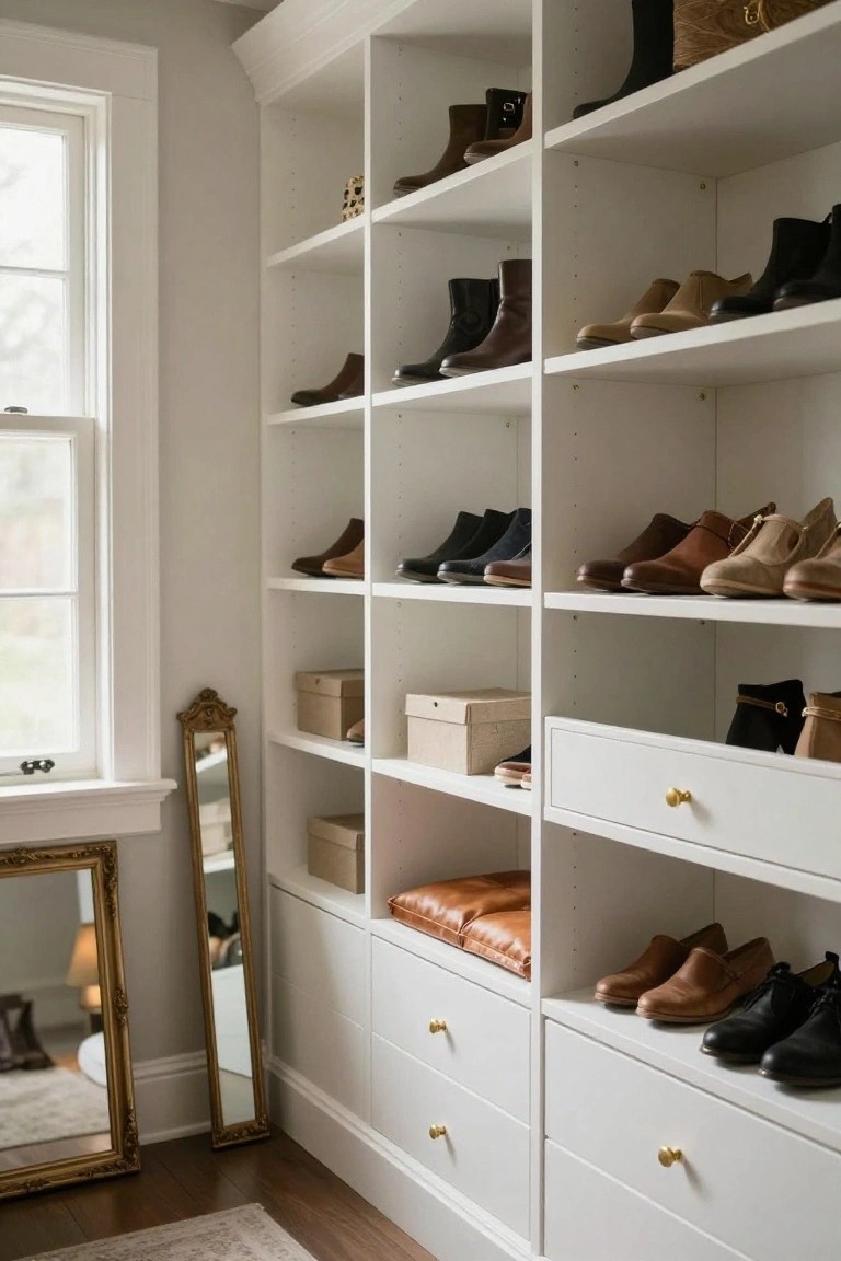 White open shelving unit in a closet displaying rows of leather shoes and boots, with drawers below, a cushioned bench shelf, boxes, and a gold-framed mirror next to a window.
