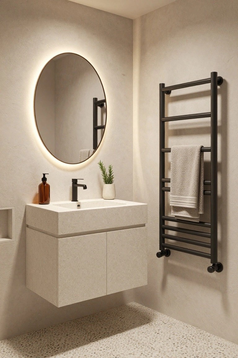 Minimalist bathroom with floating white vanity, black faucet and hardware, round backlit mirror, small potted plant, and tall black ladder towel radiator holding a folded towel against beige textured wall and pebble floor.