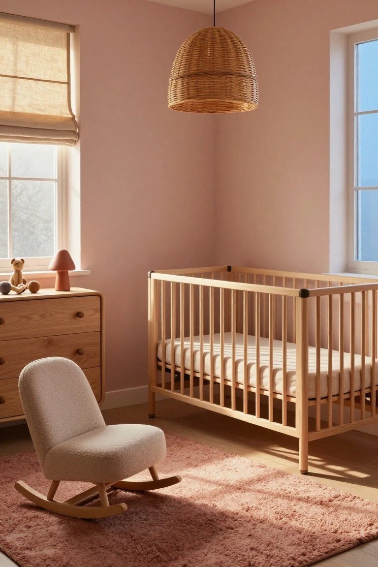 A minimalist nursery with pale pink walls, wooden crib, wooden dresser holding stuffed toys and a mushroom lamp, cream upholstered rocking chair on a pink shag rug, bamboo pendant light, and window with beige roman shades.