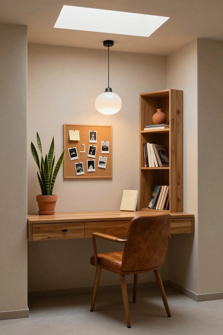 A minimalist corner home office with a floating wooden desk, brown leather chair, adjacent wooden shelving unit holding books and a terracotta vase, corkboard with photos and notes, potted snake plant, and white pendant light under a skylight in beige walls.