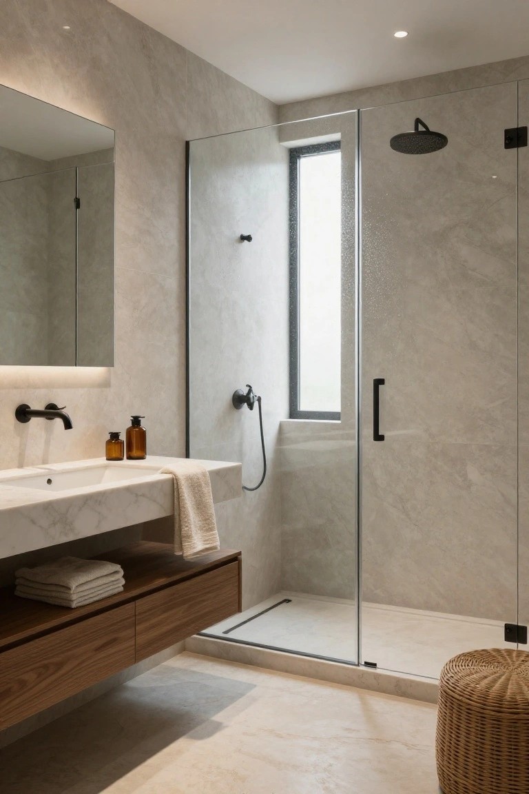 Modern bathroom featuring light gray stone tiles on walls and floor, floating wood vanity with sink, glass shower enclosure with black hardware, backlit mirror, and woven stool.