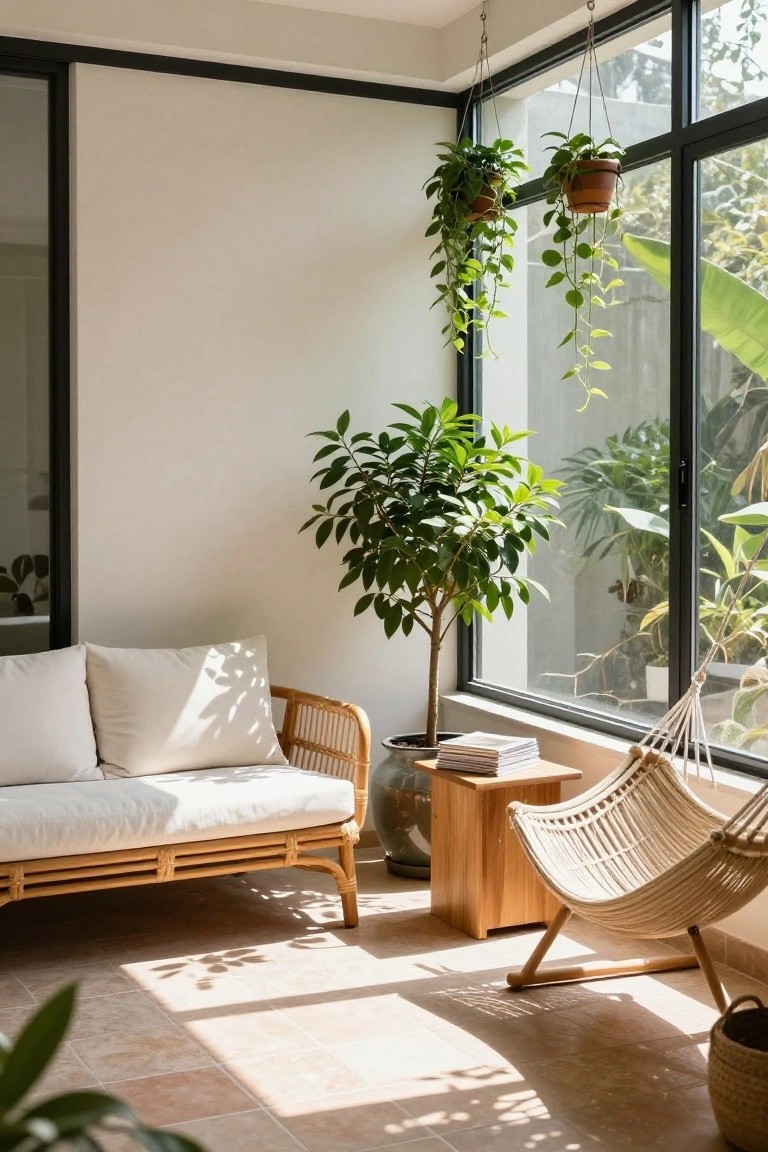 Minimalist indoor corner with white rattan daybed, large potted ficus tree, hanging plants, wooden side table with stacked books, woven hammock, and large windows showing exterior greenery on tiled floor.