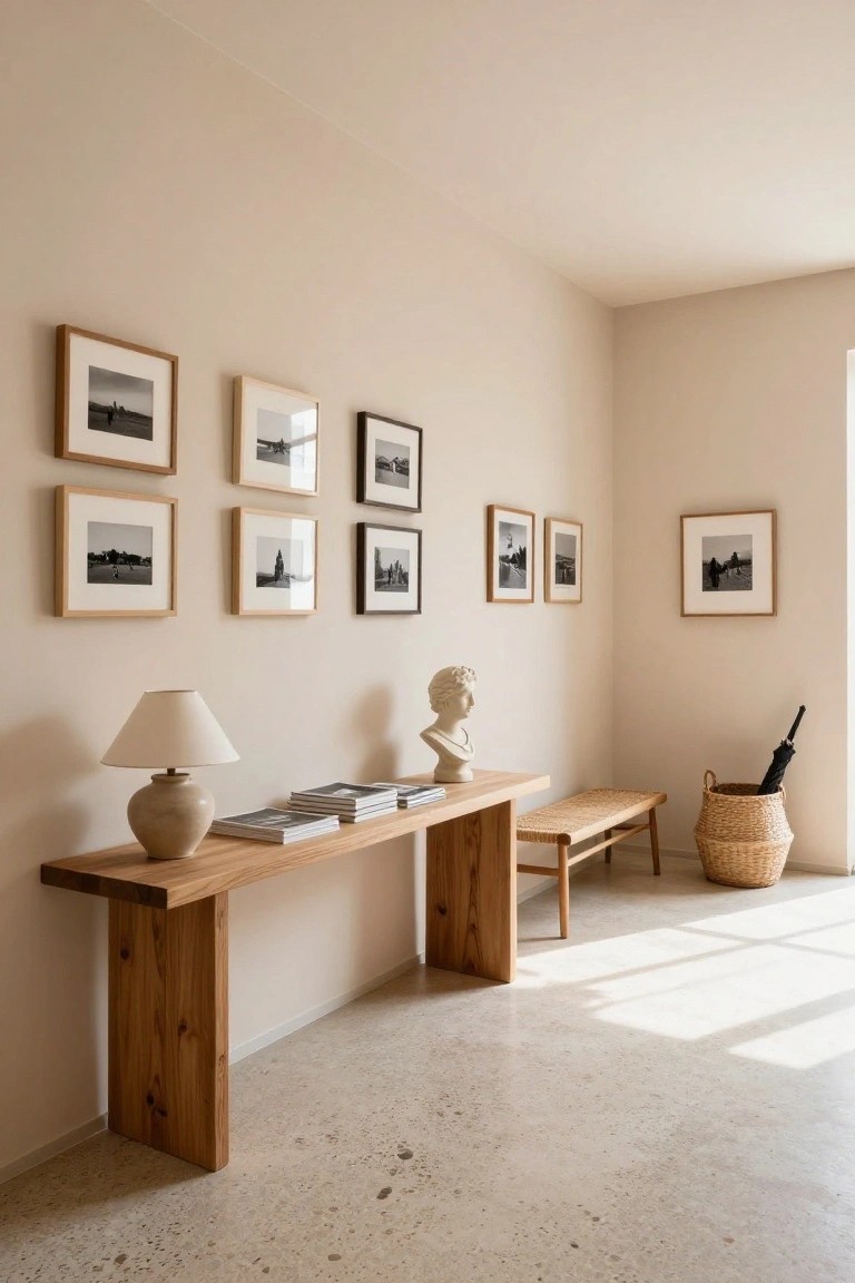 Beige interior hallway with long wooden console table holding stacked books and a lamp, adjacent wooden bench, plaster bust, multiple black-and-white framed photos on the wall, wicker basket holding an umbrella, and terrazzo tile floor.