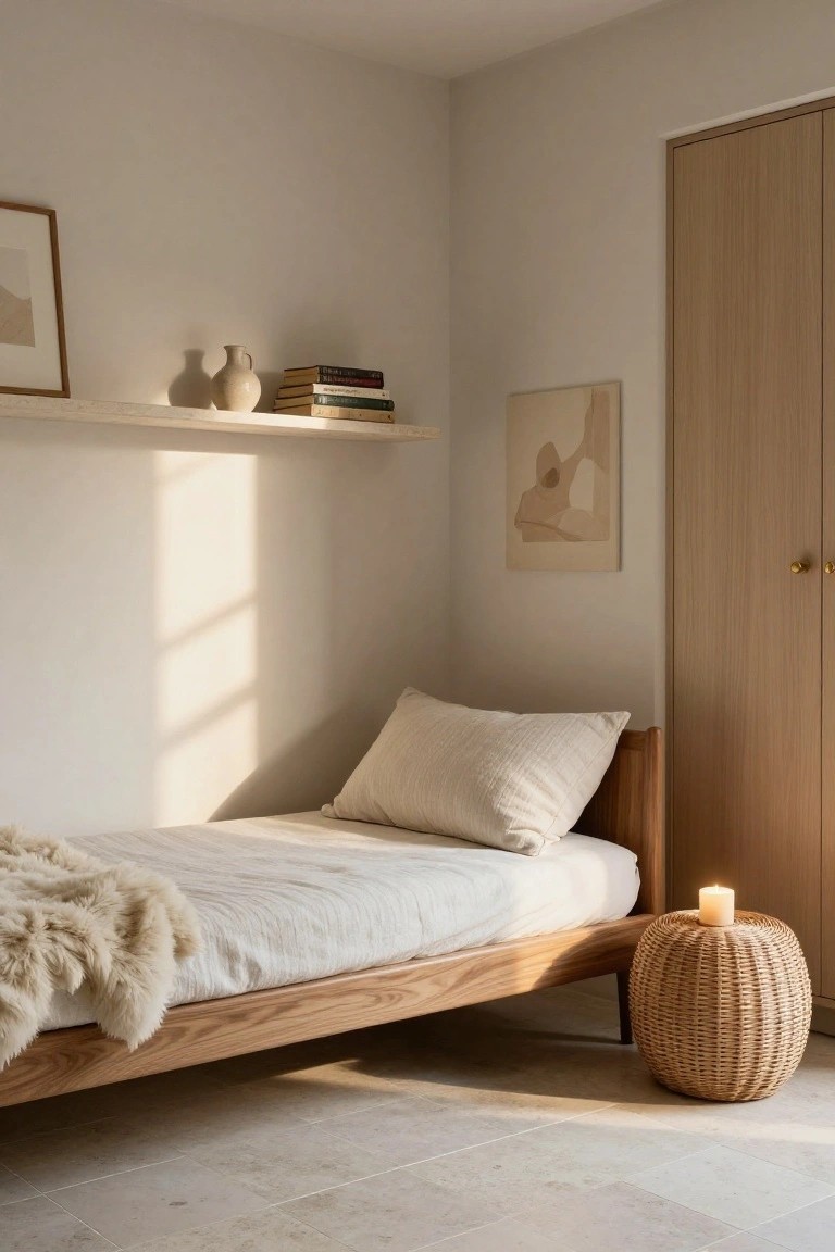 Minimalist bedroom corner with low oak bed draped in white textured linens and light fur throw, floating oak shelf holding vase books and art, beige abstract wall art, light wood door, wicker stool with lit candle, on pale tiled floor with sunlight streaming in.