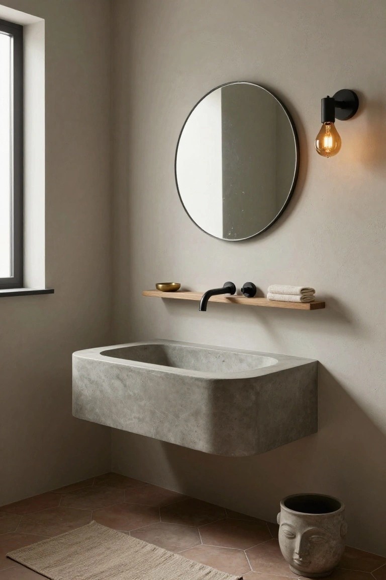A minimalist bathroom corner with a floating gray concrete rectangular sink basin, wooden shelf holding a black faucet and towels, round mirror beside a black wall sconce with exposed bulb, beige walls, hexagonal terracotta floor tiles, woven rug, and terracotta bust planter.