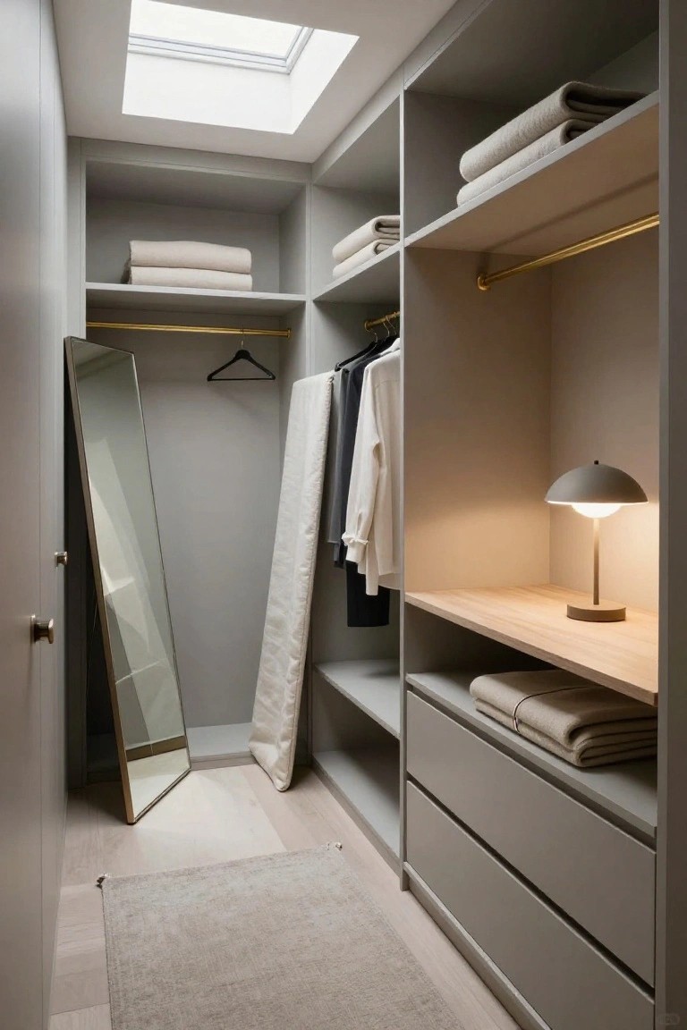 Narrow walk-in closet with light gray built-in cabinets, open shelves holding folded beige linens, hanging rods with clothes, wooden countertop shelf with gray lamp, full-length leaning mirror, and skylight in the ceiling.
